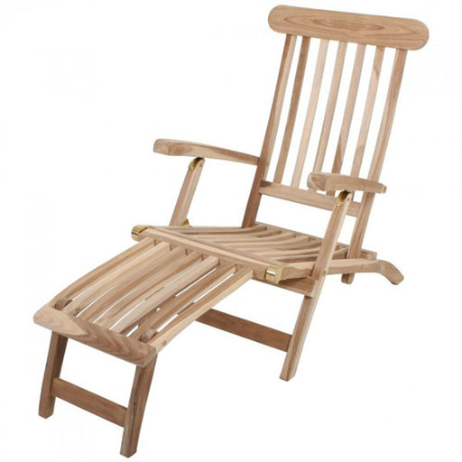 Deckchair Liegestuhl OLYMPIC aus Teak in Gesamtansicht mit ausziehbarer Fußstütze.