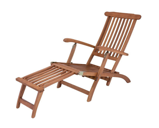 Deckchair Liegestuhl aus 100% Eukalyptus Holz mit verstellbarer Rückenlehne und ausziehbarer Fußstütze, Gesamtansicht.
