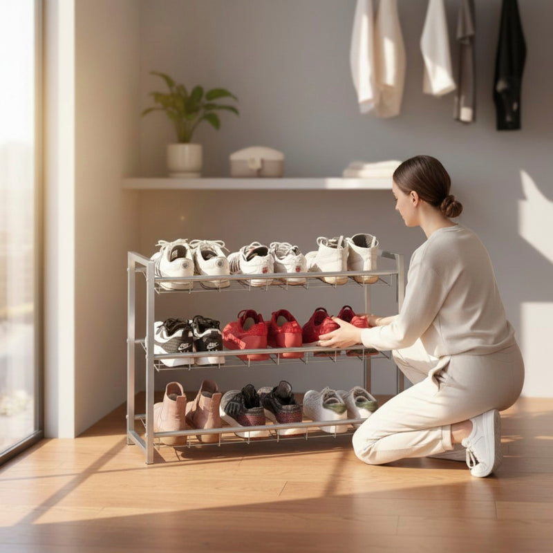 Haku Schuhregal für 12 Paar Schuhe aus alufarbenem Stahlrohr