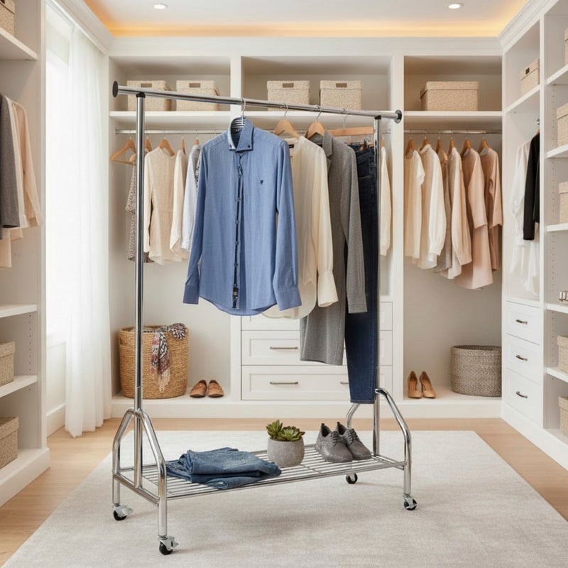 Haku Rollgarderobe Chrom mit Kleiderstange und Schuhablage