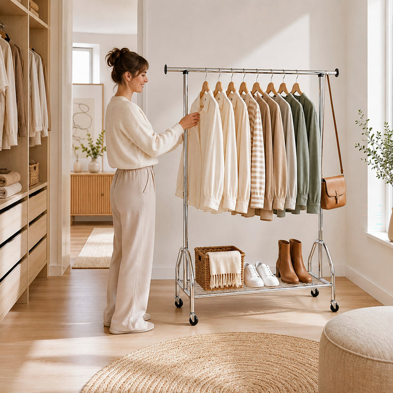 Haku Rollgarderobe Chrom mit Kleiderstange und Schuhablage