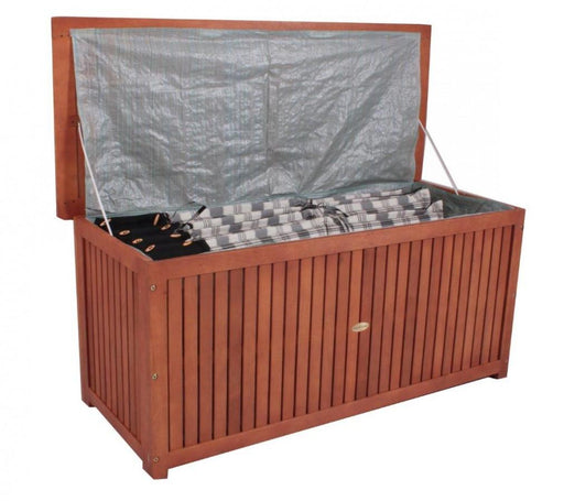 Aufladenbox Kissenbox Akazie geölt mit geöffnetem Deckel und sichtbarer Innenfolientasche in Gesamtansicht.