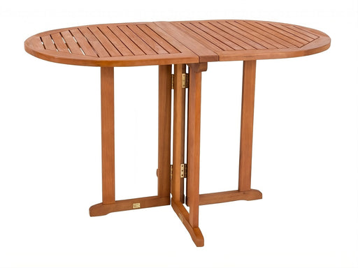 Balkontisch Eukalyptus klappbar 120x70 oval BALTIMORE in Gesamtansicht mit eingeklapptem Gestell und ovaler Tischplatte.