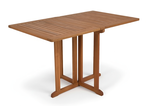Balkontisch klappbar 120x70 cm aus Eukalyptus mit lamellierten Platten und Stützengestell, Gesamtansicht.