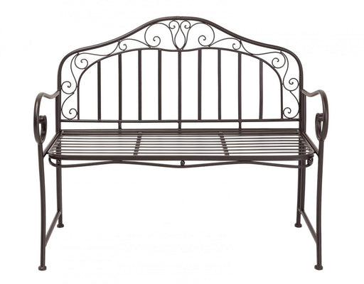 Eisenbank MARTINO 110 cm mit Armlehne und dekorativer Metallrückenlehne in dunkel antik, Gesamtansicht.
