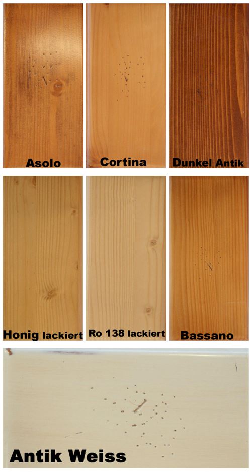 Holzfarbmuster: Asolo, Cortina, Dunkel Antik, Honig lackiert, Ro 138 lackiert, Bassano, Antik Weiss
