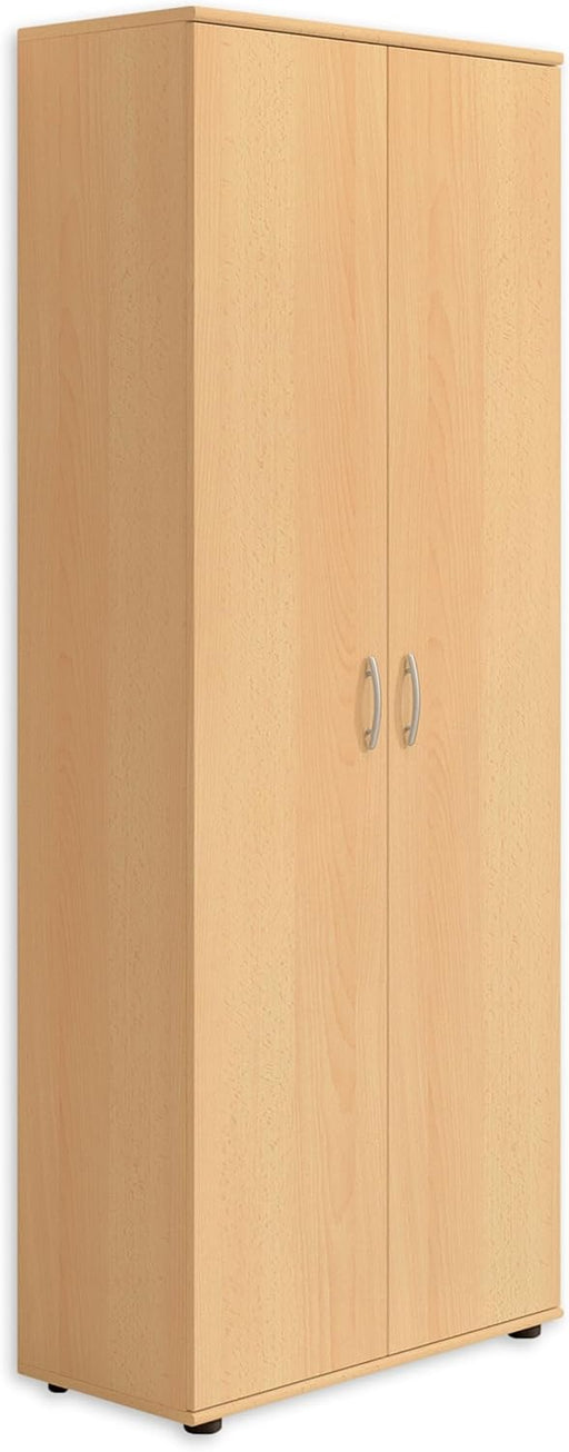 Schuhschrank TALENT in Buche Optik mit zwei Türen und Metallgriffen, Gesamtansicht.
