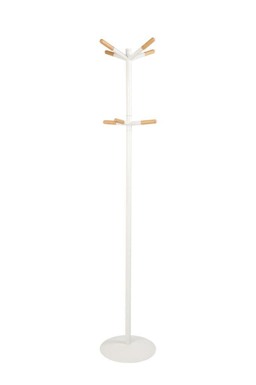Zuiver Garderobe Wooden Tip mit weiβem Metallschaft, zwei Ebenen mit je vier Holzhaken und runder Standfuß, Gesamtansicht.