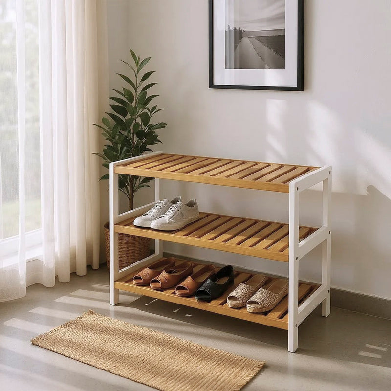 Haku Schuhregal mit 3 Bambus-Ablagen, Rahmen weiß, Scandinavian Design