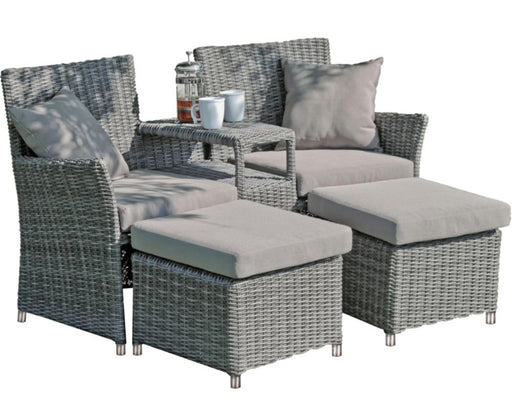 Gartensessel Lounge Doppelsessel Set CALGARY 3-teilig in Grau mit zwei Sesseln und Beistelltisch in Gesamtansicht.