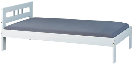 Bett FANA Einzelbett Futonbett 90x200 in Weiß mit grauer Matratze, Gesamtansicht von der Seite.