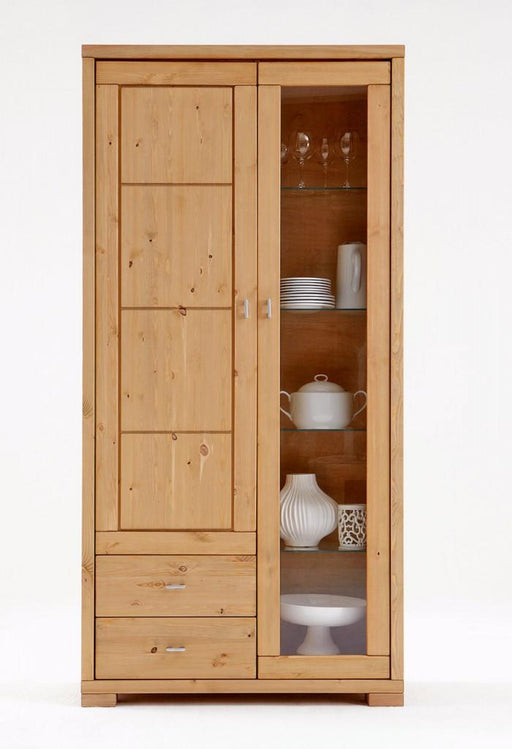 Vitrine VITA 1 Holztür + 1 Glastür, 2 Schubladen Kiefer massiv, Gesamtansicht mit offenen Glastüren und Geschirr-Dekoration.