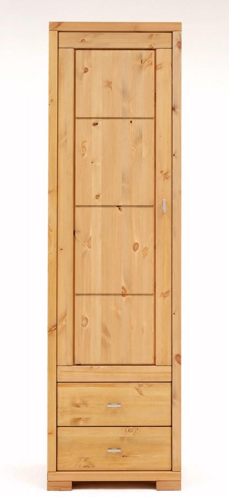 Schrank VITA schmal mit Holztür und zwei Schubladen, Gesamtansicht der Vorderseite in Kiefer massiv.