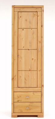 Schrank VITA schmal mit Holztür und zwei Schubladen, Gesamtansicht der Vorderseite in Kiefer massiv.