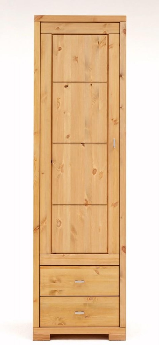 Schrank VITA schmal mit Holztür und zwei Schubladen, Gesamtansicht der Vorderseite in Kiefer massiv.
