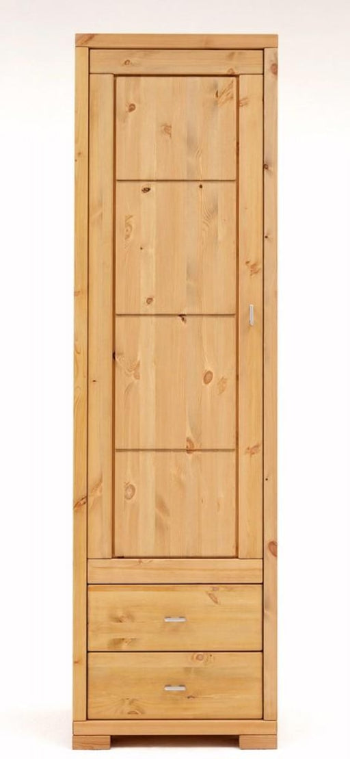 Schrank VITA schmal mit Holztür und zwei Schubladen, Gesamtansicht der Vorderseite in Kiefer massiv.