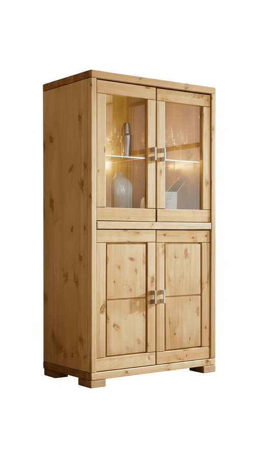 Highboard-Vitrine VITA Vitrinenschrank mit 4 Türen Kiefer massiv in Gesamtansicht mit oberen Glastüren und unteren Holztüren.
