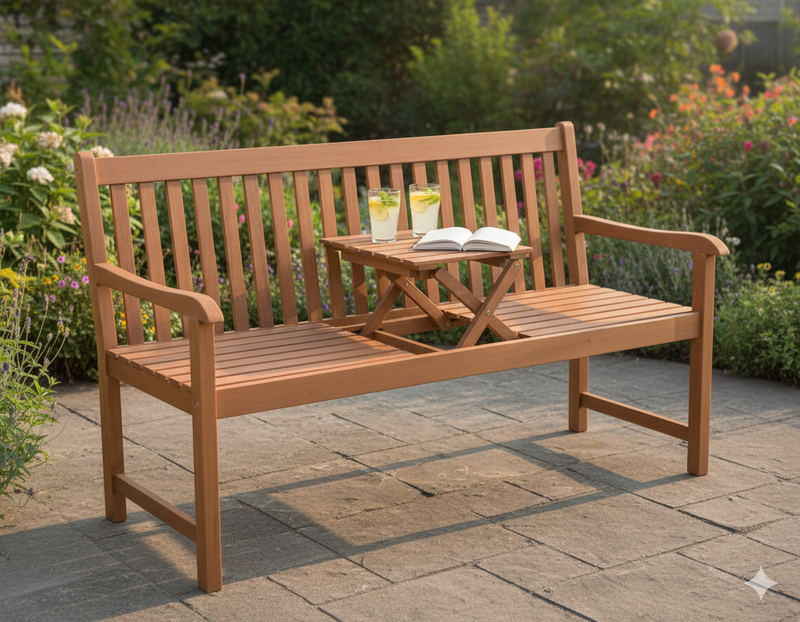 Gartenbank PADANG mit hochklappbarem Tisch aus 100% Eukalyptus — Trendmöbel24