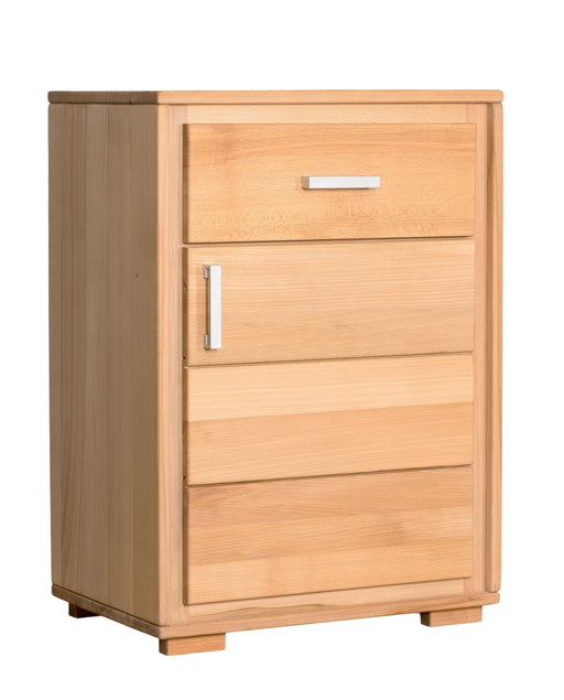 Gesamtansicht des Sideboards Anrichte Genf 1-türig Kernbuche Massivholz geölt mit vier Schubladen und Metallgriffen.