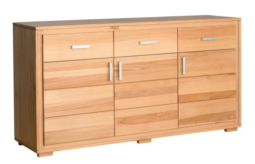Sideboard Anrichte Genf 3-türig in Kernbuche Massivholz geölt, Gesamtansicht mit Schubladen und Türen.
