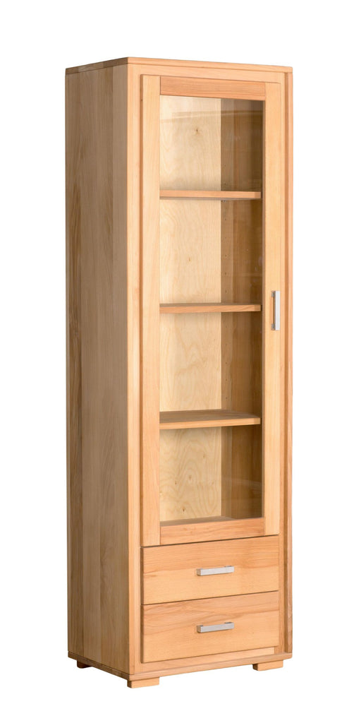 Vitrine Genf 1-türig links aus Kernbuche mit Glastür, vier Holzböden und zwei Schubladen, Gesamtansicht.