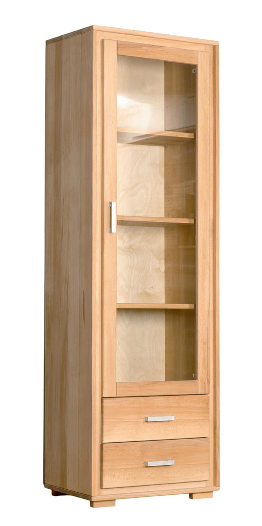Vitrine Genf 1-türig rechts in Kernbuche Massivholz geölt mit Glastür, drei Holzböden und zwei Schubladen, Gesamtansicht.