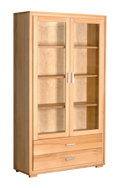 Vitrine Genf 2-türig in Kernbuche Massivholz geölt mit Glastüren und Holzeinlegeböden, Gesamtansicht.
