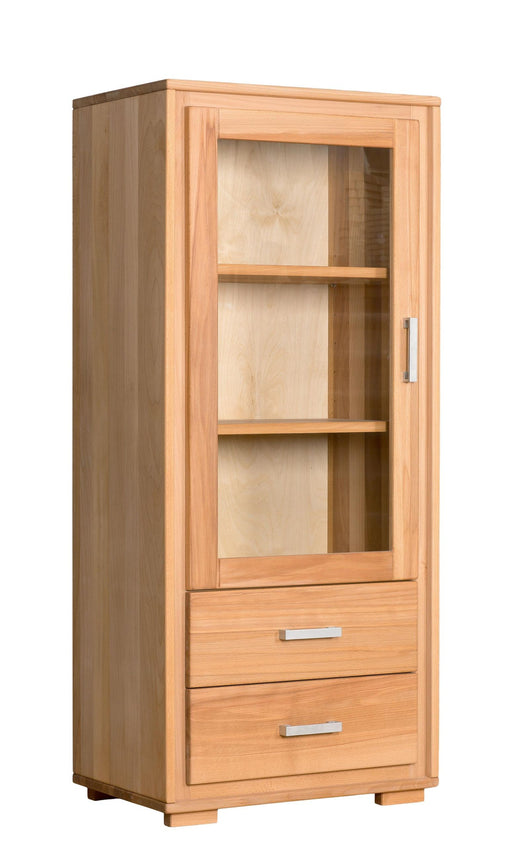 Mini Vitrine Genf 1-türig links aus Kernbuche Massivholz geölt mit Glastür und Schubladen in Gesamtansicht.