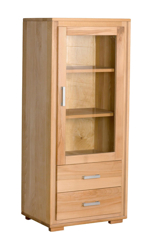 Mini Vitrine Genf 1-türig rechts in Kernbuche geölt mit Glastür, zwei Schubladen und Holzeinlegeböden, Gesamtansicht.
