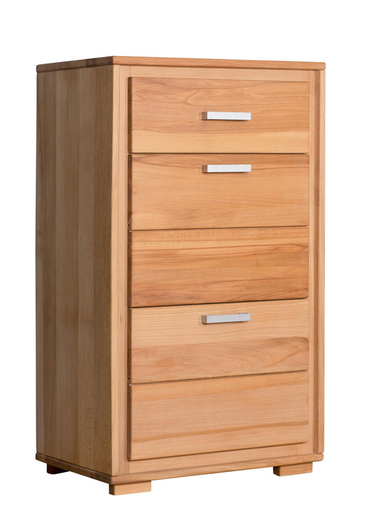 Schuhschrank Schuhkipper Genf 61 cm Kernbuche massiv geölt, Gesamtansicht mit fünf Schubladen und silbernen Griffleisten.