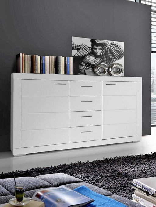 Sideboard SNOW Anrichte Weiß in Gesamtansicht mit zwei Türen, vier Schubladen und Aufsatzfläche.