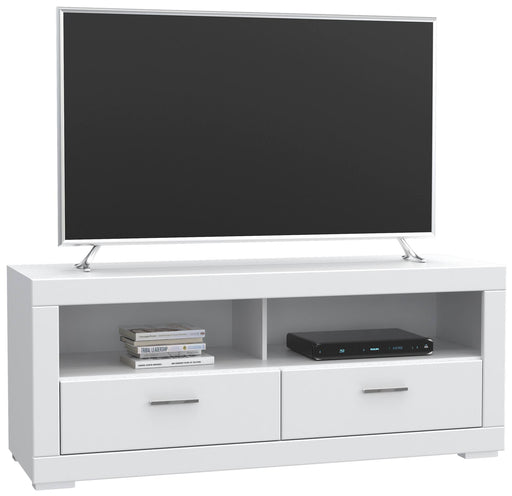 TV-Board SNOW Lowboard 156 cm mit zwei Schubladen, offenen Fächern und Metallgriffen in Gesamtansicht.