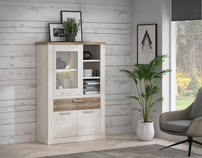 Highboard - Vitrine DURO Schrank 1+2 Türen Optik Pinie weiß antik