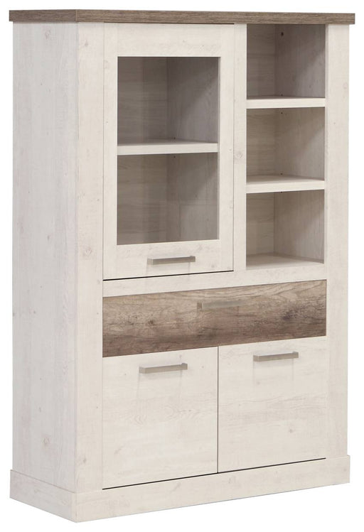 Highboard-Vitrine DURO in Pinie weiß antik mit Glastüren, Regalfächern und unteren Schubladenfächern in Gesamtansicht.