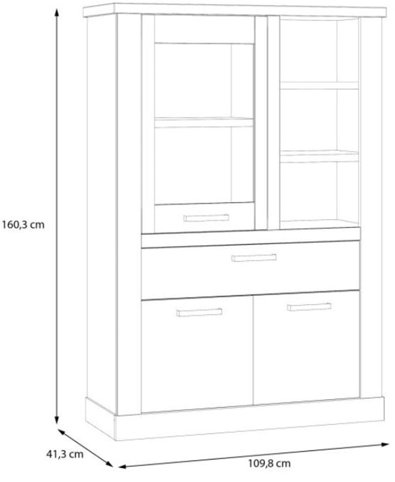 Technische Zeichnung des Highboard-Vitrine DURO mit Maßangaben und Ansicht der Türen- und Fachaufteilung.