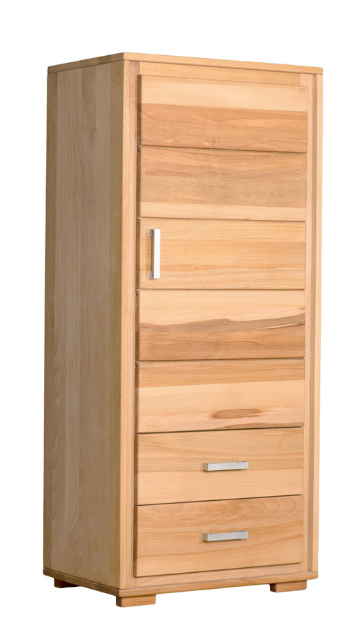 Schrank Genf 1-türig rechts in Kernbuche Massivholz geölt, Gesamtansicht mit horizontalen Schubladen und Metallauszügen.