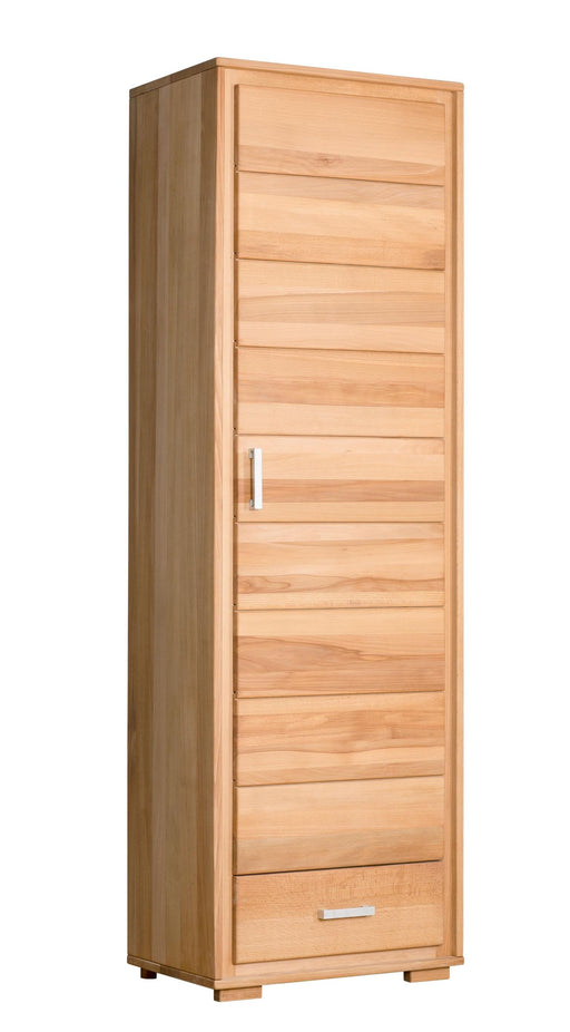 Dielenschrank Genf 1-türig aus Kernbuche in Gesamtansicht mit horizontalen Lamellen, einer Tür und einer Schublade.