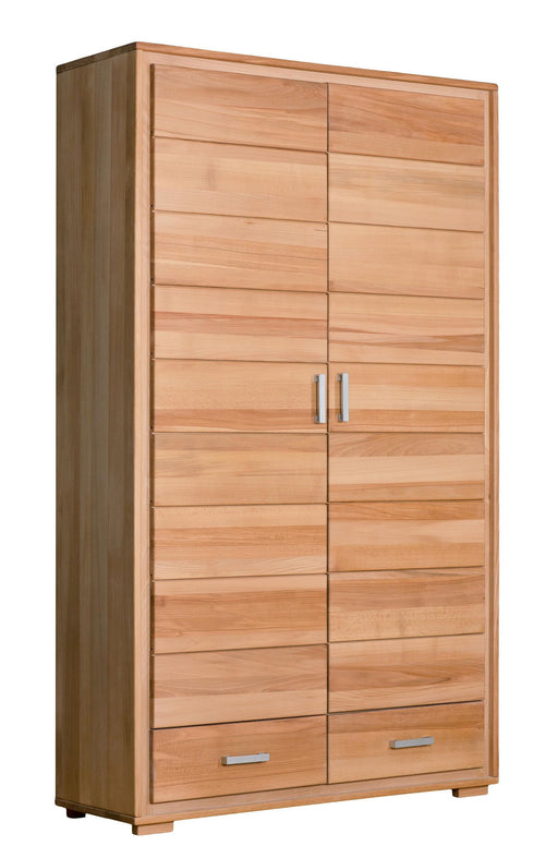 Dielenschrank Genf 2-türig aus Kernbuche Massivholz geölt mit Lamellenprofilen und Schubladen.