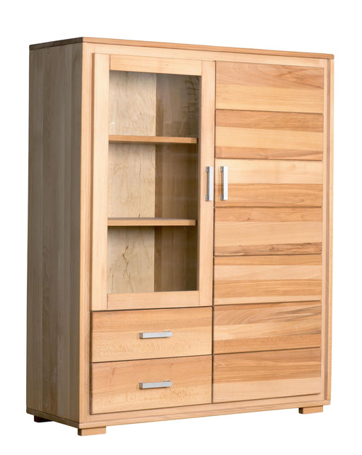 Highboard Vitrine Genf 2-türig Kernbuche Massivholz geölt in Gesamtansicht mit Glastüren und Schubladen.