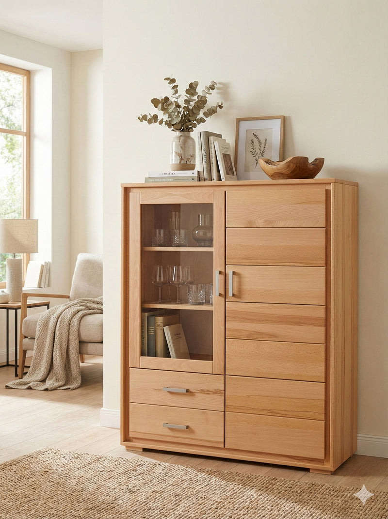 Highboard Vitrine Genf 2-türig Kernbuche Massivholz geölt