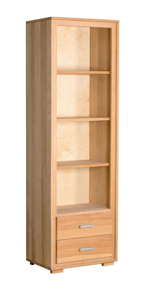 Regal Genf 193 cm 2 Schubläden in Kernbuche massiv geölt, Gesamtansicht mit vier offenen Fächern und zwei Schubladen unten.