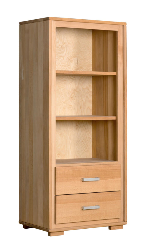 Regal Genf 139 cm 2 Schubläden in Kernbuche Massivholz geölt, Gesamtansicht mit drei Regalborden und zwei unteren Schubladen.