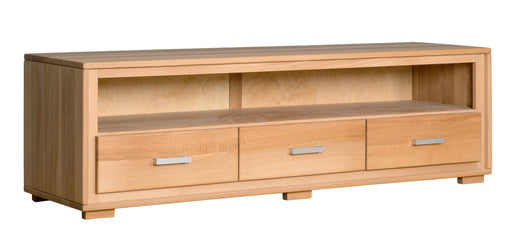 TV Lowboard Genf mit 3 Schubläden in Kernbuche Massivholz geölt, Gesamtansicht mit offenen Fächern.