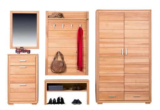 Garderoben Set Genf II in Kernbuche Massivholz geölt, Gesamtansicht mit Spiegel, Kommode und Kleiderschrank.