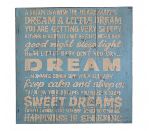 Holzschild mit Schlafsprüchen in beige Schrift auf blauem Untergrund, Gesamtansicht.
