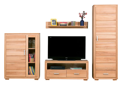 Wohnwand Genf Set I Kernbuche Massivholz geölt 4-teilig mit Sideboard, TV-Lowboard und Hochschrank in Gesamtansicht.