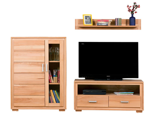 Wohnwand Genf Set II aus Kernbuche Massivholz in Natur mit Wandregal, Highboard und TV-Lowboard in Gesamtansicht.