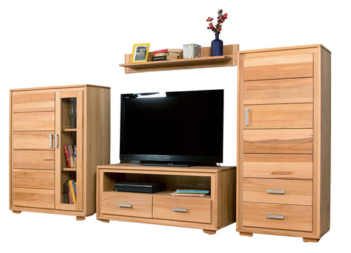 Wohnwand Genf Set III Kernbuche Massivholz geölt in Gesamtansicht mit Vitrine, TV-Lowboard, Hochschrank und Wandregal.