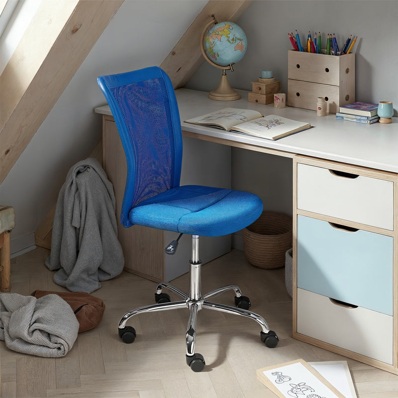 Kinderdrehstuhl BONNIE Blau mit blauer Netzrückenlehne und gepolsterter Sitzfläche, Frontalansicht.