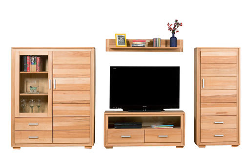Wohnwand Genf Set IV aus Kernbuche Massivholz in Gesamtansicht mit Vitrinenschrank, TV-Lowboard, Hochschrank und Wandregal.
